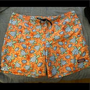 Orange and green Turtle swim trunks.